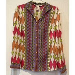 PELL & CO Silk Blend Regal Argyle Diamond Print Button Up Blouse Top Size 6